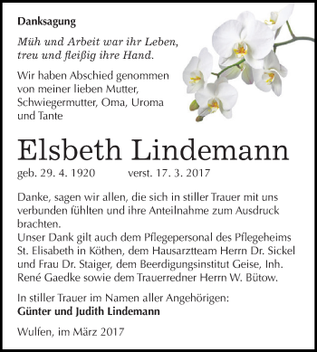 Traueranzeige von Elsbeth Lindemann von WVG - Wochenspiegel Dessau / Köthen