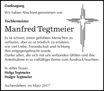 Traueranzeige von Manfred Tegtmeier von Mitteldeutsche Zeitung Aschersleben