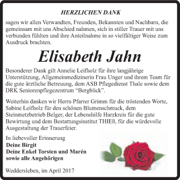 Traueranzeige von Elisabeth Jahn von Super Sonntag Quedlinburg