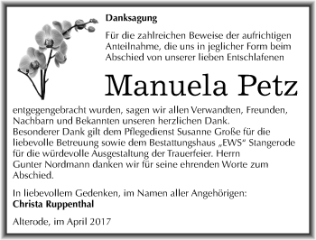 Traueranzeige von Manuela Petz von Mitteldeutsche Zeitung Mansfelder Land