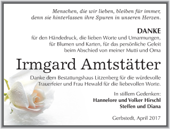 Traueranzeige von Irmgard Amtstätter von Mitteldeutsche Zeitung Mansfelder Land