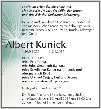 Traueranzeige von Albert Kunick von Mitteldeutsche Zeitung Mansfelder Land
