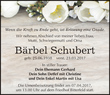 Traueranzeige von Bärbel Schubert von Mitteldeutsche Zeitung Bitterfeld