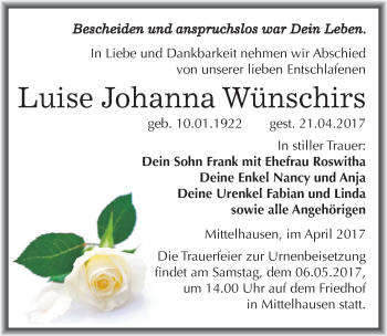 Traueranzeige von Luise Johanna Wünschirs von Mitteldeutsche Zeitung Sangerhausen
