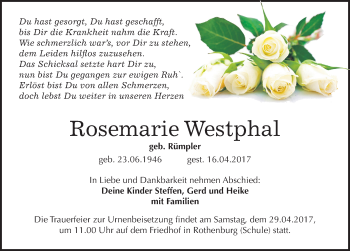 Traueranzeige von Rosemarie Westphal von Mitteldeutsche Zeitung Halle/Saalkreis