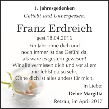 Traueranzeige von Franz Erdreich von WVG - Wochenspiegel Bitterfeld