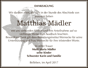 Traueranzeige von Matthias Mädler von Super Sonntag Bernburg