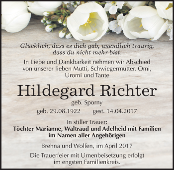 Traueranzeige von Hildegard Richter von Mitteldeutsche Zeitung Bitterfeld