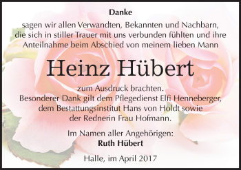 Traueranzeige von Heinz Hübert von Mitteldeutsche Zeitung Halle/Saalkreis