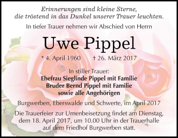 Traueranzeige von Uwe Pippel von WVG - Wochenspiegel NMB / WSF / ZTZ
