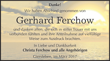 Traueranzeige von Gerhard Ferchow von Super Sonntag SGH Mansf. Land
