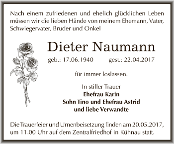 Traueranzeige von Dieter Naumann von WVG - Wochenspiegel Dessau / Köthen