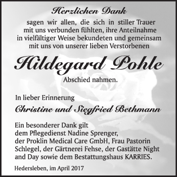 Traueranzeige von Hildegard Pohlke von WVG - Wochenspiegel Quedlinburg