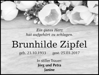 Traueranzeige von Brunhilde Zipfel von Mitteldeutsche Zeitung Halle/Saalkreis