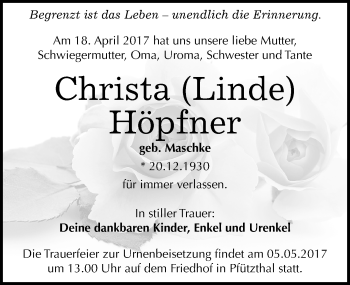 Traueranzeige von Christa Höpfner von Mitteldeutsche Zeitung Halle/Saalkreis