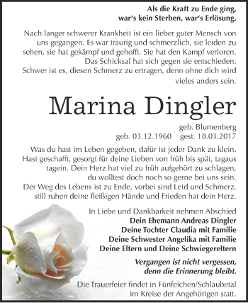 Traueranzeige von Marina Dingler von Super Sonntag Bernburg