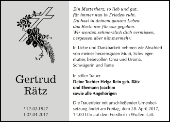 Traueranzeige von Gertrud Rätz von Mitteldeutsche Zeitung Köthen