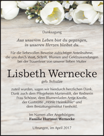 Traueranzeige von Lisbeth Wernecke von Mitteldeutsche Zeitung Sangerhausen