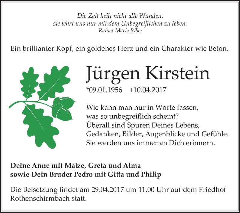  Traueranzeige für Jürgen Kirstein vom 22.04.2017 aus WVG - Wochenspiegel Merseburg