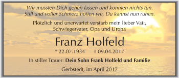 Traueranzeige von Franz Holfeld von Mitteldeutsche Zeitung Mansfelder Land