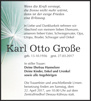 Traueranzeige von Karl Otto Große von WVG - Wochenspiegel Dessau / Köthen