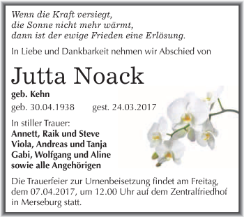 Traueranzeige von Jutta Noack von Super Sonntag Halle