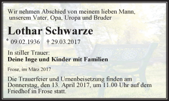 Traueranzeige von Lothar Schwarze von Mitteldeutsche Zeitung Aschersleben