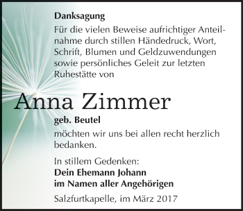 Traueranzeige von Anna Zimmer von Mitteldeutsche Zeitung Bitterfeld