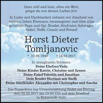 Traueranzeige von Horst Dieter Tomljanovic von Super Sonntag SGH Mansf. Land