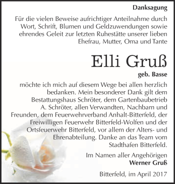 Traueranzeige von Elli Gruß von WVG - Wochenspiegel Bitterfeld