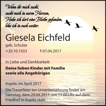 Traueranzeige von Giesela Eichfeld von WVG - Wochenspiegel NMB / WSF / ZTZ