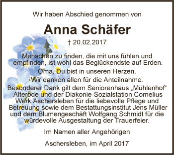 Traueranzeige von Anna Schäfer von Super Sonntag SGH Mansf. Land