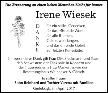 Traueranzeige von Irene Wiesek von Mitteldeutsche Zeitung Bernburg