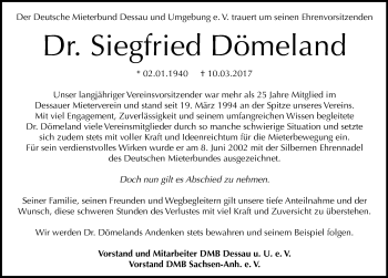 Traueranzeige von Siegfried Dömeland von Mitteldeutsche Zeitung Dessau-Roßlau