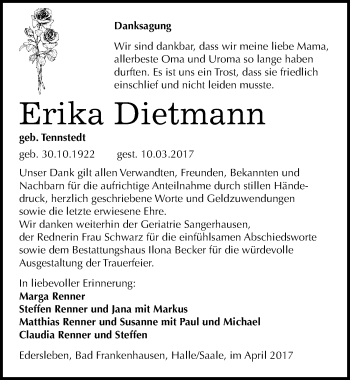 Traueranzeige von Erika Dietmann von Mitteldeutsche Zeitung Sangerhausen