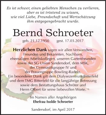Traueranzeige von Bernd Schroeter von Mitteldeutsche Zeitung Bitterfeld