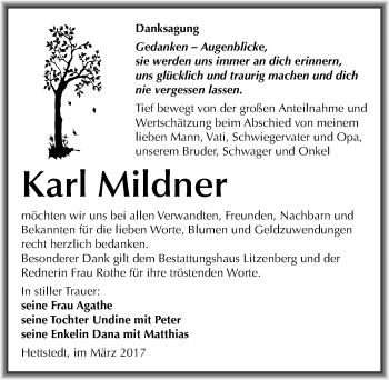 Traueranzeige von Karl Mildner von Mitteldeutsche Zeitung Mansfelder Land