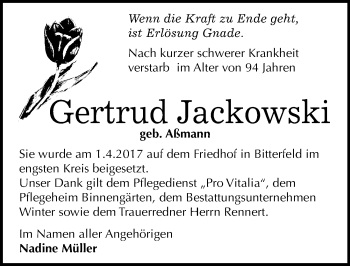 Traueranzeige von Gertrud Jackowski von Mitteldeutsche Zeitung Bitterfeld