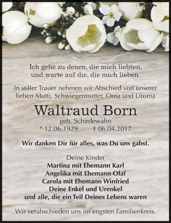 Traueranzeige von Waltraud Born von Mitteldeutsche Zeitung Bernburg