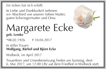 Traueranzeige von Margarete Ecke von Mitteldeutsche Zeitung Mansfelder Land