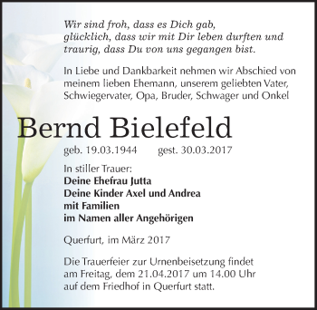 Traueranzeige von Bernd Bielefeld von Mitteldeutsche Zeitung Merseburg/Querfurt