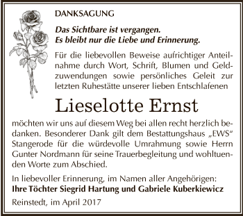 Traueranzeige von Lieselotte Ernst von Super Sonntag SGH Mansf. Land