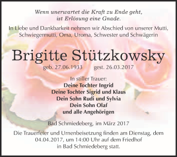 Traueranzeige von Brigitte Stützkowsky von Super Sonntag Wittenberg