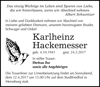 Traueranzeige von Karlheinz Hackemesser von Mitteldeutsche Zeitung Merseburg/Querfurt