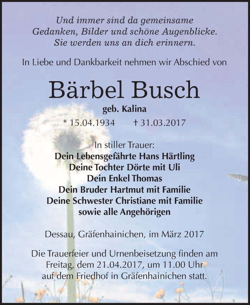  Traueranzeige für Bärbel Busch vom 08.04.2017 aus Super Sonntag Wittenberg