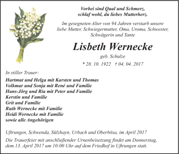 Traueranzeige von Lisbeth Wernecke von Mitteldeutsche Zeitung Sangerhausen