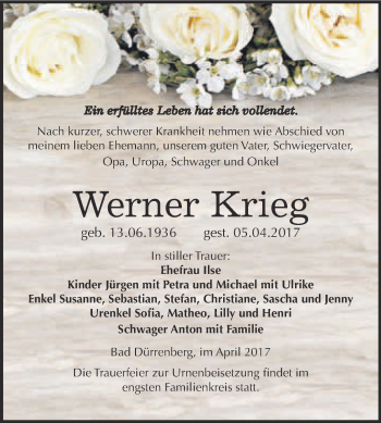 Traueranzeige von Werner Krieg von Super Sonntag Merseburg