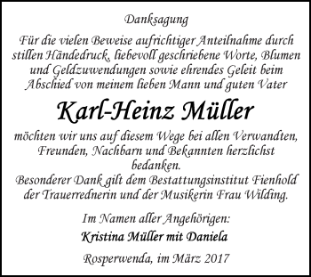 Traueranzeige von Karl-Heinz Müller von Super Sonntag SGH Mansf. Land