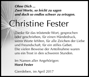 Traueranzeige von Christine Fester von Mitteldeutsche Zeitung Aschersleben