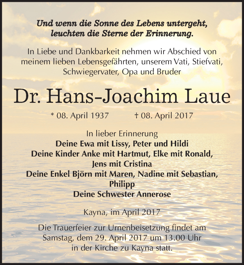  Traueranzeige für Hans-Joachim Laue vom 13.04.2017 aus Mitteldeutsche Zeitung Zeitz